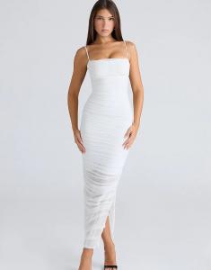 Белое платье-миди из эластичной сетки House of CB Fornarina белого цвета с присборенным верхом