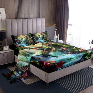 Erosebridal Комплект постельного белья Hummingbird с цветочным принтом колибри и зелеными листьями, Green