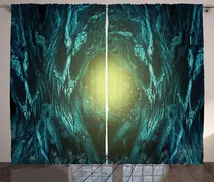 Штора ABAKUHAUS Темный лес в деревенском стиле, зелено-желтоватый луч, присборенная тесьма для спальни с петлями и крючками, 280 x 225 см, цвет Морская пена и Кола-серый Abakuhaus