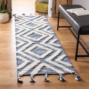 Ковер-дорожка SAFAVIEH, 69 x 244 см, Kenya Collection, Navy & Ivory, ручной работы марокканский с кистями из шерсти, идеально для помещений с высокой проходимостью в гостиной, спальне (KNY331N)