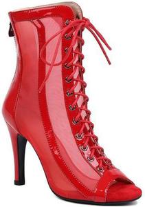 Женские сексуальные джазовые современные танцевальные туфли JXUZY с сеткой, на шнуровке, с высоким каблуком-кубиком, летние ботильоны Generic, D188-Red 8.5Cm