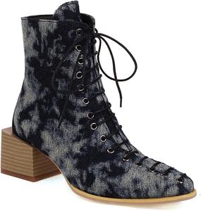 Женские ботильоны VOKLIN с квадратным носком на шнуровке, элегантные, с массивным каблуком средней высоты, классические короткие вестерн-ботинки, Dark Blue/Denim-Velvet Lined