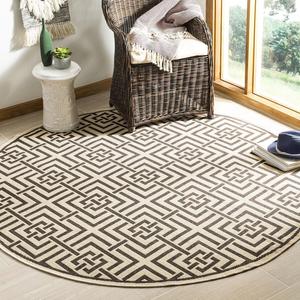 Круглый ковер 201 x 201 см SAFAVIEH Linden Collection Cream/Brown LND128U с геометрическим узором для дома и улицы, без линьки, легко чистится, для патио, заднего двора, крыльца, террасы, прихожей