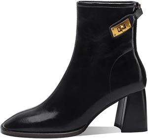 Женские повседневные ботильоны YDYCG, лаконичные, из натуральной кожи, модные универсальные челси с пряжкой, высокие каблуки, квадратный носок, ретро-стиль, короткие ботинки (Цвет: черный бархат, размер обуви: 6.5)