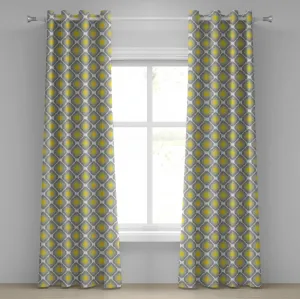 Штора с люверсами ABAKUHAUS Ikat, повторяющиеся узоры иката, связанные пучками, принт в старинном стиле, декоративные двухпанельные шторы, 280 см x 245 см, белый, желтый, серый