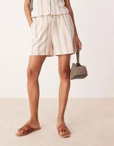 Льняные шорты Mix and Match с завязками на талии в кремово-коричневых полосках Vila