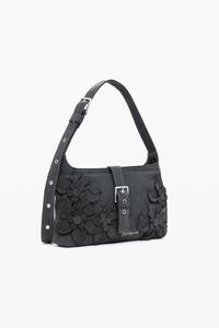 Сумка через плечо с цветочной аппликацией и заклепками, черная.