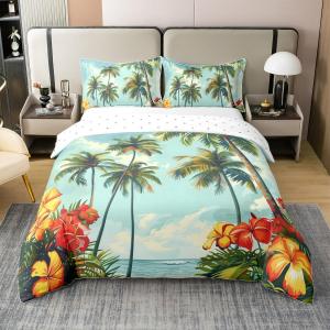Erosebridal Хлопковый комплект постельного белья с принтом пальмы и цветов в морском стиле, Green Blue Yellow