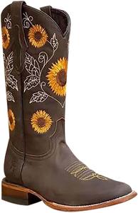 XHLEMON Женские ковбойские сапоги с вышивкой подсолнухов, квадратный носок, низкий каблук, сапоги средней длины, ковбойские западные сапоги с заостренным носком, модные сапоги, хаки, коричневый, кофе, размеры США 5-10,5