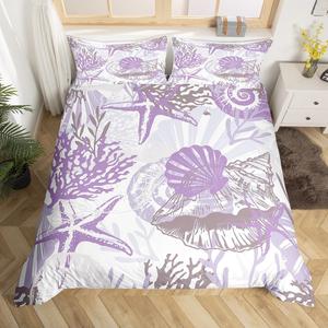 Erosebridal Комплект постельного белья Nautical Ocean с морским принтом из ракушек и кораллов в фиолетово-серой цветовой гамме в стиле акварельной живописи, Purple,grey