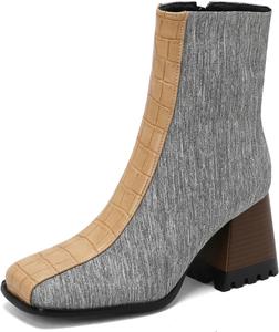 Женские ботильоны с квадратным носком и каблуком-блоком, модные ботинки для вечеринок с застежкой-молнией Shinelly, Grey