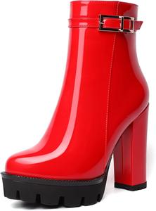 Женские ботильоны AMBELIGHT на платформе с круглым носком, однотонные, для вечеринки, с молнией, сексуальные, лакированные, массивный высокий каблук 12 см, Red