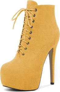 Женские ботильоны Esvowido на платформе, боевые ботинки с высоким каблуком-шпилькой, с округлым носком, сексуальные ботильоны с шнуровкой и молнией, короткие ботинки, каблук 16 см, Yellow