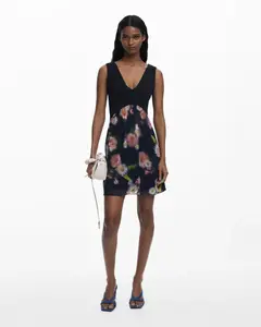 Короткое платье из двух материалов с цветочным узором Desigual, черный