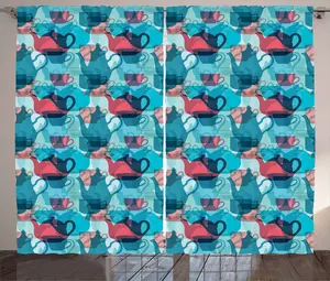 Штора ABAKUHAUS "Чаепитие в деревенском стиле", силуэты столовых приборов, универсальная тесьма для гостиной с петлями и крючками, 280 x 245 см, цвет: темно-коралловый, светло-голубой Abakuhaus