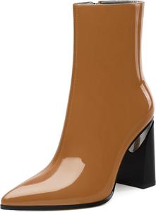 Женские ботильоны, 3,5 дюйма с заостренным носком, лакированные ботильоны на высоком каблуке, короткие ботинки с массивным каблуком и боковой молнией Heisnemca, Brown Patent