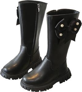 Детские кожаные сапожки для девочек с бантиком, средней длины, с боковой молнией, водонепроницаемые, для улицы, танцев, нескользящие, мягкие и удобные Generic, Black