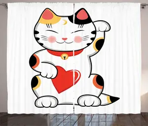 Штора ABAKUHAUS "Японский кот в деревенском стиле", улыбающаяся Манеки-нэко, универсальные ленточные шторы для гостиной с петлями и крючками, 280 x 225 см, разноцветная Abakuhaus