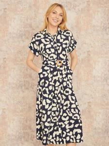 Платье миди-рубашка с поясом Yumi, темно-синий/белый