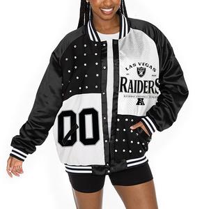 Женская черно-белая куртка-бомбер Las Vegas Raiders oversized hot shot rhinestone throwback full-snap varsity Gameday Couture