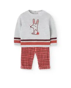 Комплект для малыша из джерси свитер и штаны с клетчатым принтом и круглым вырезом Boboli, серый