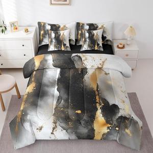 Erosebridal Комплект постельного белья Black And Gold с водным мраморным принтом и металлическим эффектом, Gold,grey White Black