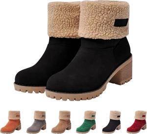 Зимние ботинки для женщин, с широким средним каблуком, круглым носком, внутри с флисовой подкладкой, до середины голени, удобные обувь без застежки, с широким каблуком, из замши, теплые снежные ботильоны Generic, Black