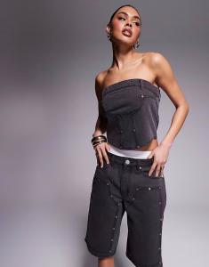 Liquor N Poker - джинсовый корсет без бретелек в стиле утилитарности черного цвета с эффектом грязной стирки