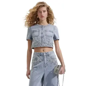 Self-portrait Расшитая укороченная джинсовая блузка, Light Denim Blue