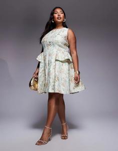 Мини-платье ASOS LUXE Curve с жаккардовым бантом на спине и цветочным принтом шалфея