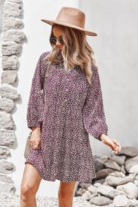 Animal Print Button Down A Line Lantem Sleeve Dress TRUEDAMES, Wine
