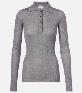 Вязаный поло из шерсти с рубчиками Moncler, серый