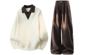 Повседневная спортивная одежда Unisex Polo Collar Moderate X1617, бежевый top+pants with coffee fleece-lined