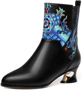 Женские ботильоны TinaCus ручной работы из натуральной кожи с этнической вышивкой, заостренным носком, низким массивным каблуком и боковой молнией, Black