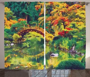 Шторы ABAKUHAUS в японском деревенском стиле, Сад со старым мостом, универсальные, для гостиной, с петлями и крючками, 280 x 225 см, зелено-оранжевый Abakuhaus