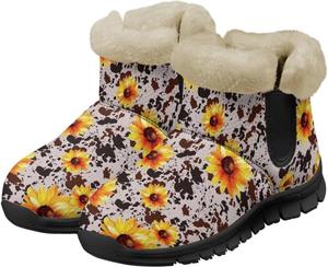 Женские ботильоны с противоскользящей подошвой, зимние ботинки с меховой подкладкой, уютные теплые домашние зимние обувь Chririnla, Brown Cow And Sunflowers