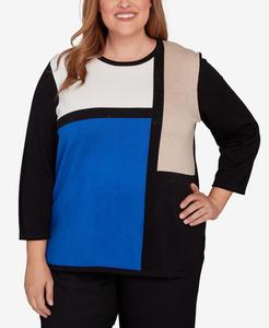 Классический свитер с длинными рукавами в стиле колор-блок больших размеров Alfred Dunner, Cobalt Blue