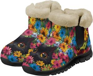 Женские зимние ботинки Jeiento Fuzzy Panda с плюшевой подкладкой, утолщенные, на плоской подошве, с теплой фланелевой подкладкой, Cute Black Cat Flower