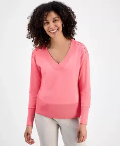 Миниатюрный свитер со шнуровкой на плечах и V-образным вырезом JM Collection, розовый