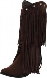 Женские замшевые сапоги до колена с бахромой, без застежки, широкая голень, заклепки, массивный каблук средней высоты, ковбойские, с заостренным носком, сексуальные туфли Generic, Coffee