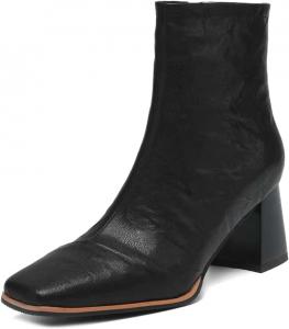 Женские ботильоны TinaCus из натуральной кожи с боковой молнией, квадратным носком и низким каблуком, Black