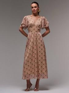 Многослойное платье макси из шифона с рукавами-крыльями в цветочном принте Jolie Moi, Green Floral