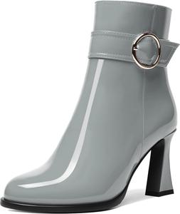 Женские ботильоны AMBELIGHT с круглым носком, для вечеринок, модные, лакированные, однотонные, с молнией, на высоком каблуке 3,3 дюйма, Grey