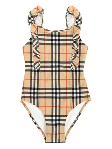 Купальник в клетку с оборками Burberry Kids, нейтральный