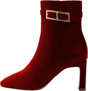 Женские кожаные ботильоны с металлической пряжкой, заостренным носком и массивным каблуком, элегантные ботинки для платья и повседневного стиля OAKUMSAS, Red
