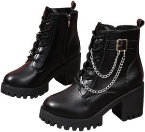 Женские короткие ботинки большого размера на платформе, однотонные, с круглым носком. Дизайн с цепочкой. Застегиваются на внутреннюю молнию. Резина. Fusecottc, Black