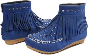 Женские ковбойские ботильоны с бахромой из искусственной замши, короткие ботинки на низком каблуке с кисточками, ретро стиль, зимние Generic, Blue-B