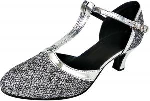 Босоножки на каблуке для женщин, дамские, с средним низким каблуком, для бальных танцев, танго, латиноамериканских танцев, блестящие, для социальных танцев (Цвет: кофе, Размер: 5.5 UK) Generic, серебро