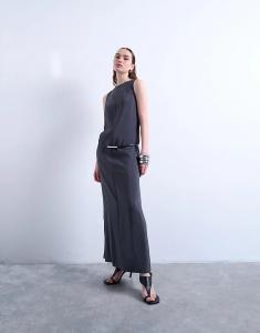 Платье миди из купро с высоким воротом и открытой спиной Topshop, антрацитового цвета