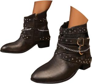 Женские готические ботильоны из лакированной кожи на блок-каблуке с заостренным носком, модные с заклепками, ремешком, боковой молнией, панк-стиль, массивным каблуком, платформенной подошвой, удобные рок-ботинки для концертов и вечеринок Generic, Brown